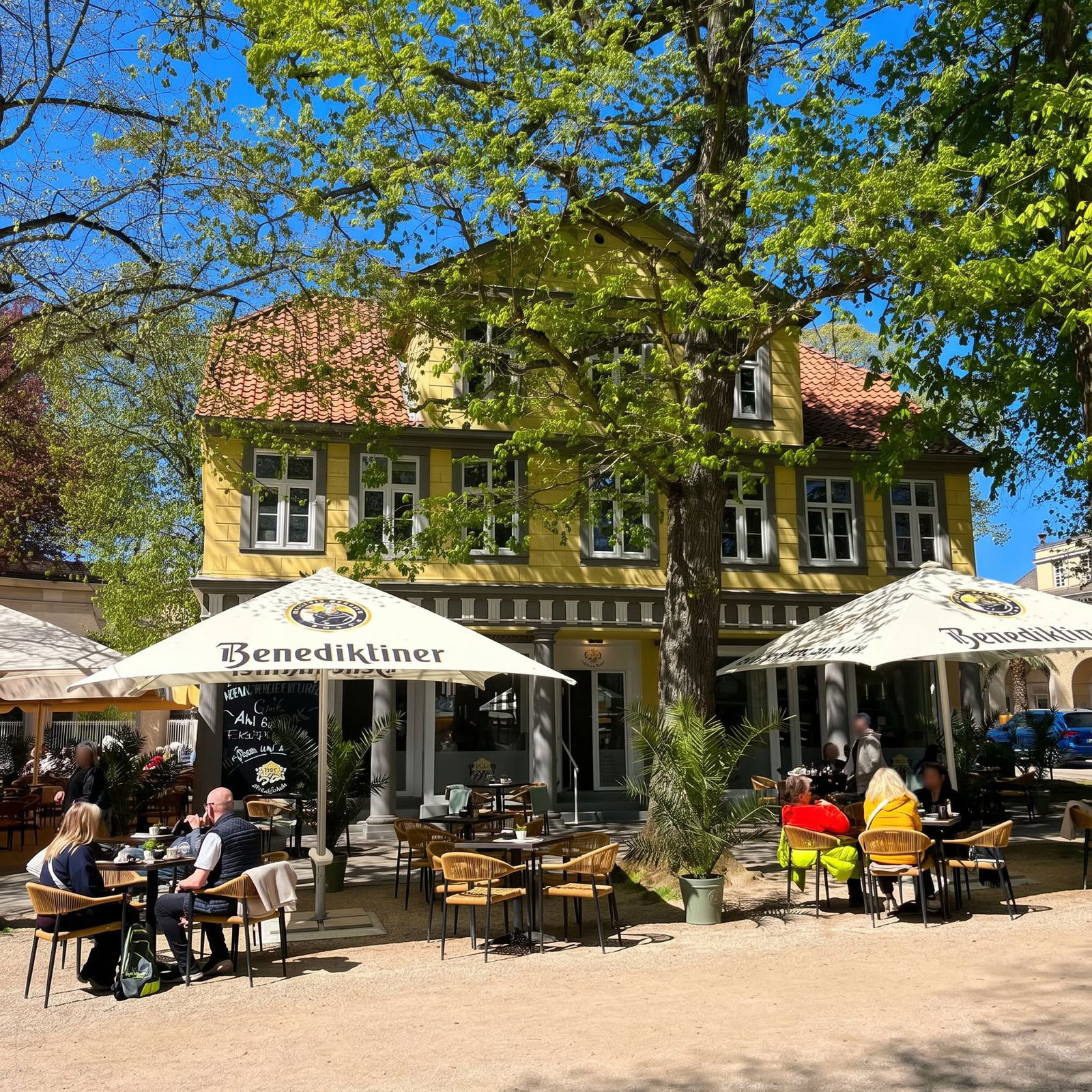 Gäste auf der Terrasse des Café am Kurpark Bad Pyrmont an sonnigen Tischen