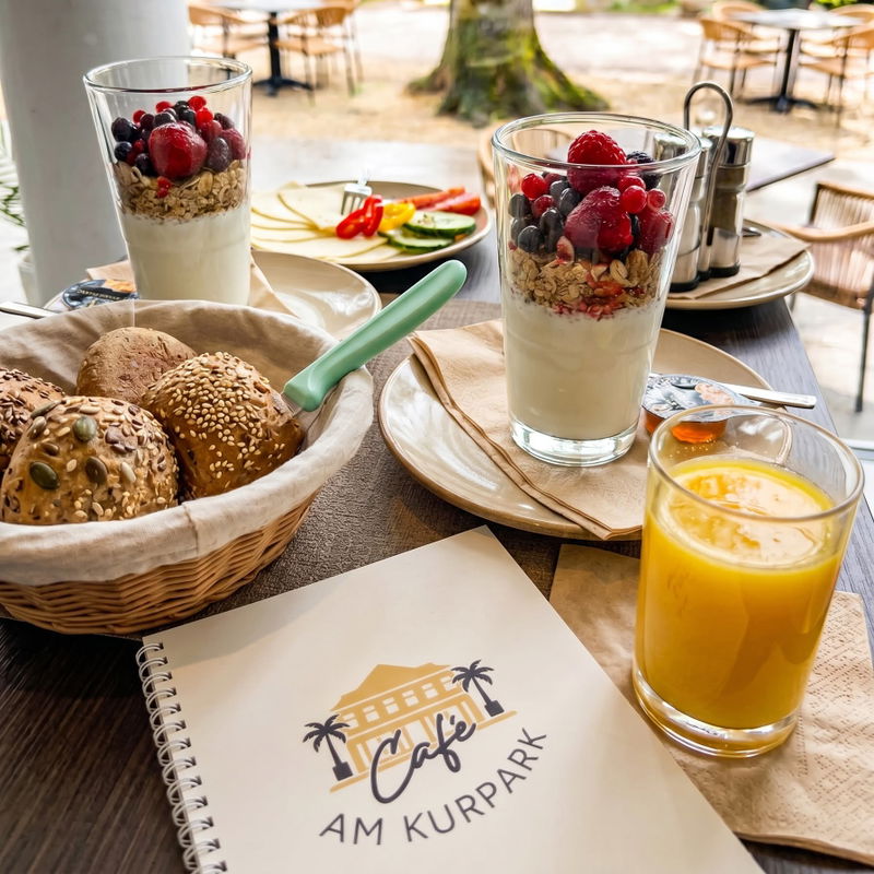 Frühstück mit Beeren-Müsli, frischen Brötchen und Orangensaft im Café am Kurpark Bad Pyrmont