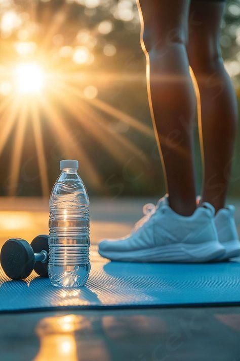 Trinkflasche und Kurzhantel auf einer Yogamatte im Gegenlicht, dahinter die Beine einer trainierenden Person