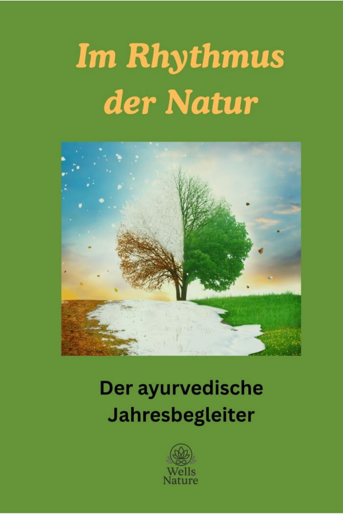 Buchcover „Im Rhythmus der Natur — Der ayurvedische Jahresbegleiter" mit einem Baum in vier Jahreszeiten auf grünem Grund